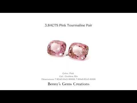Natural pink tourmaline pair (3.84cts), in a cushion mix cut, 7.82 x 6.64 x 5.46 mm, 7.80 x 6.62 x 5.41 mm, with a gemstone certificate.