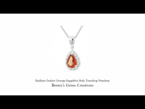 Radiant ember orange sapphire teardrop pendant with halo design, fine jewelry gift for women