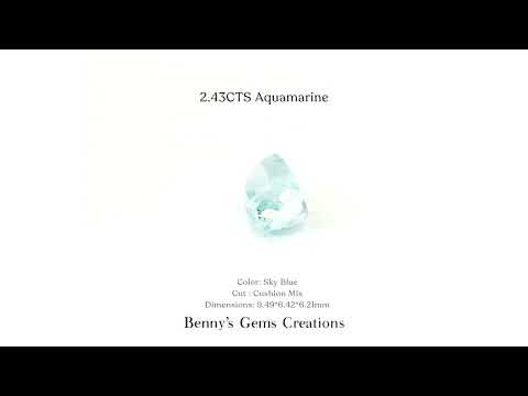 Natural sky blue Aquamarine gemstone in cushion mixed cut, 9.49 x 6.42 x 6.21 mm.