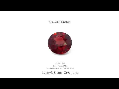 Natural 6.42CTS red garnet, in a round mix cut, 11.9 x 11.58 x 6.45 mm.