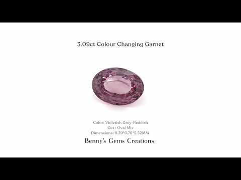 3.09 carats color-changing garnet gemstone showcasing vivid hues that shift under different lighting conditions.