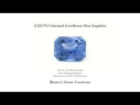 4.22CTS Unheated Cornflower Blue Sapphire displaying vivid blue color and excellent clarity