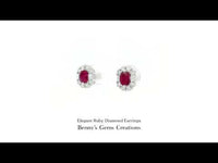 Elegant Ruby Diamond Earrings in 18K white gold, featuring 2 rubies totaling 1.11 carats, 16 diamonds totaling 0.41 carats, and 4 baguette diamonds totaling 0.13 carats.
