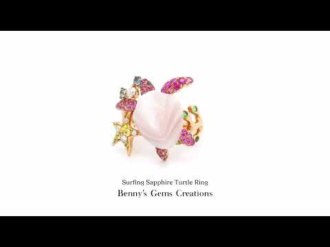 Surfing Sapphire Turtle Ring in white gold with blue sapphires and diamonds – elegant ocean-inspired jewelry for beach lovers.