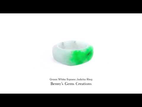 Green and white square jadeite ring showcasing natural jade hues and elegant geometric design