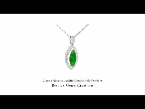 Classic Navette Jadeite Double Halo Pendant in white gold with sparkling diamond accents, elegant vintage-inspired fine jewelry piece