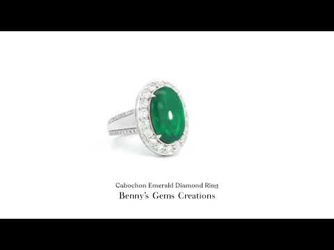 Cabochon Colombian emerald diamond ring with rich green brilliance
