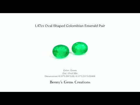 1.47cts oval shaped Colombian emerald pair with vivid green color for custom jewelry.
