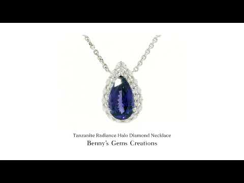 Tanzanite Radiance Halo Diamond Necklace surrounded by shimmering diamond halo in white gold