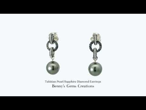 Tahitian Pearl Sapphire Diamond Earrings featuring lustrous black pearls with blue sapphire and diamond accents