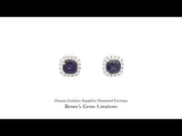 Classic Cushion Sapphire Diamond Earrings framed by sparkling diamonds in fine jewelry setting