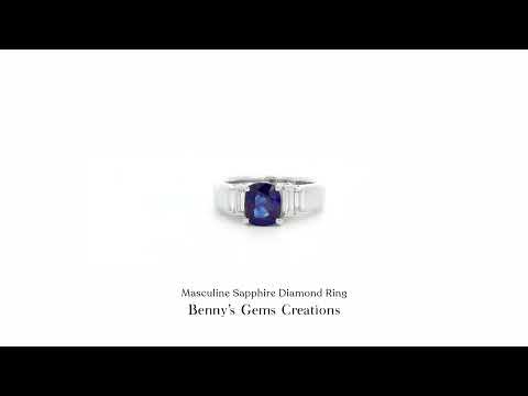 Masculine Sapphire Diamond Ring with bold deep blue center stone for sophisticated masculine style and timeless elegance