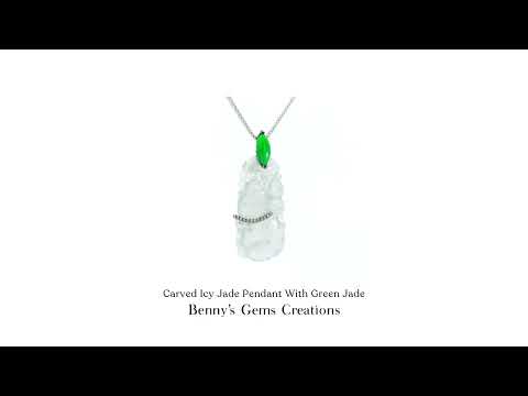 Carved Icy Jade Pendant With Green Jade with intricate carving and green jade details