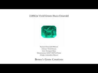 Vivid Green Colombian Muzo Emerald 2.86Cts in octagon step cut, measuring 9.60 × 7.60 × 6.07 mm. Accompanied by a gemstone report, confirming natural origin with minor enhancement.