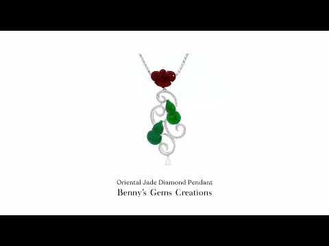 18K gold diamond and jade pendant featuring 1 red jadeite, 2 green jadeites, 1 pear rose-cut diamond (0.068 ct) and 97 diamonds (0.298 ct), chain sold separately.