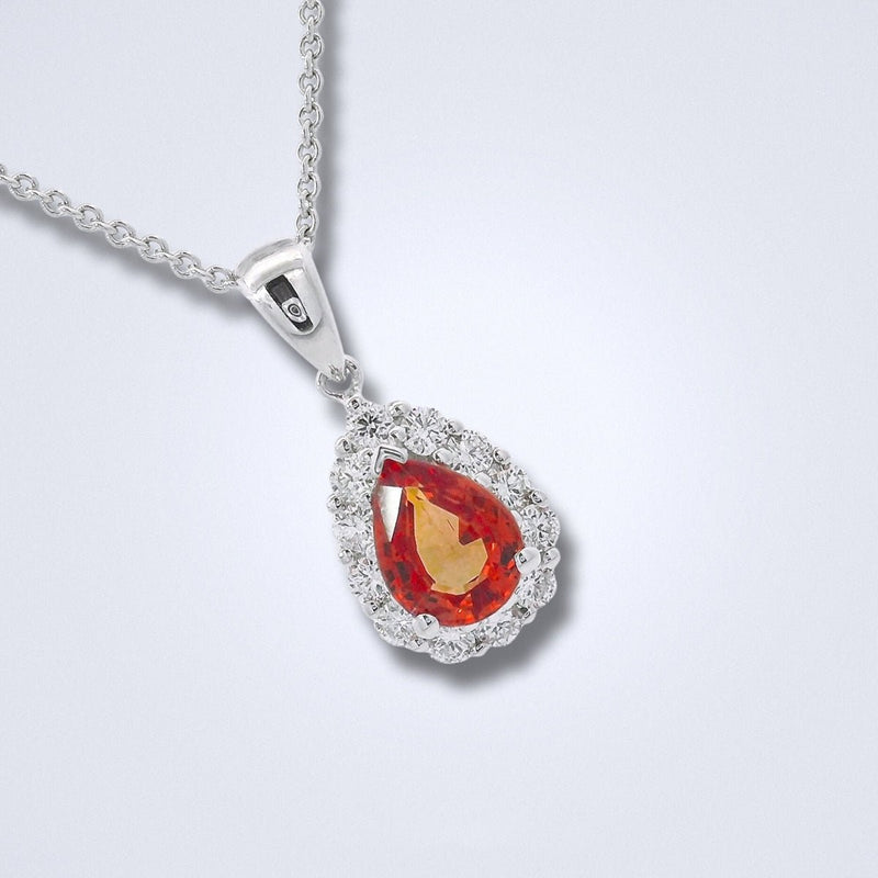 Radiant Ember Orange Sapphire Halo Teardrop Pendant - Benny's Gems Creations