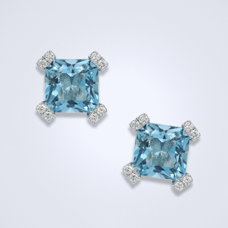 Radiant Santa Maria Blue Aquamarine Diamond Stud Earrings - Benny's Gems Creations