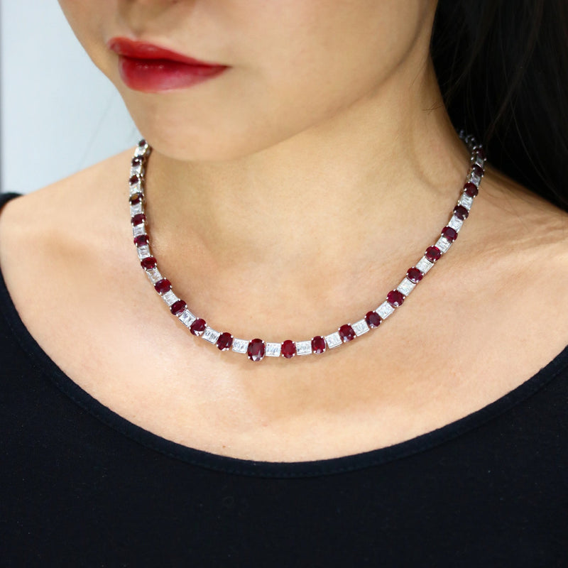 burma unheated pigeon blood ruby diamond necklace modeled