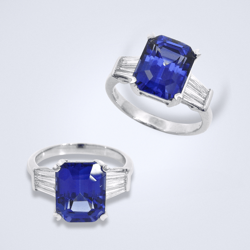 Vivid violetish blue emerald cut tanzanite in a unique illusion trilogy style setting.