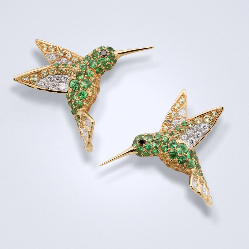Sparkling Tsavorite Hummingbird Earrings - Benny's Gems Creations