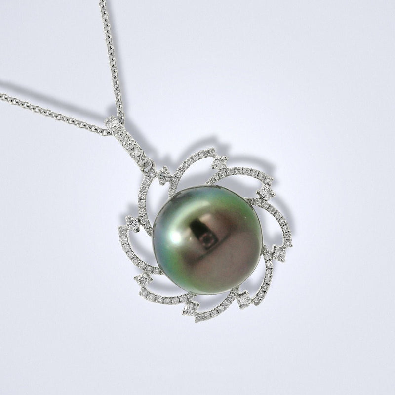 Tahitian Pearl Diamond Floral Pendant - Benny's Gems Creations