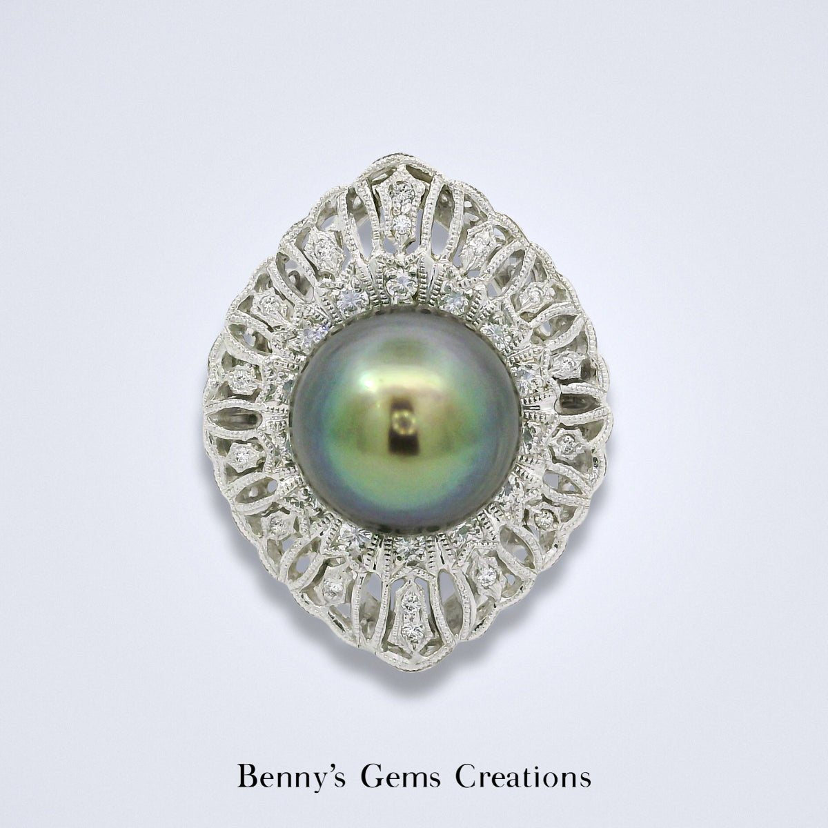 Tahitian Pearl Diamond Halo Ring - Benny's Gems Creations