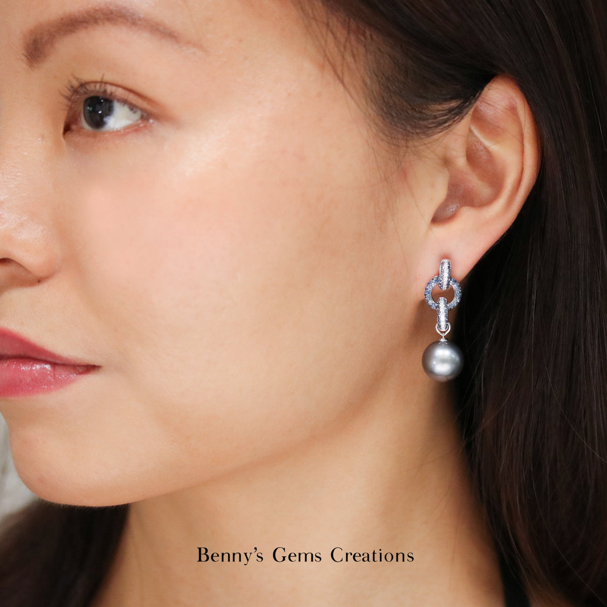 Tahitian Pearl Sapphire Diamond Earrings - Benny's Gems Creations