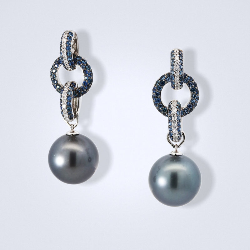 Tahitian Pearl Sapphire Diamond Earrings - Benny's Gems Creations