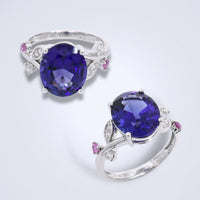 A floral inspired, delicate tanzanite ring made in 18k white gold, with diamonds and sapphires.