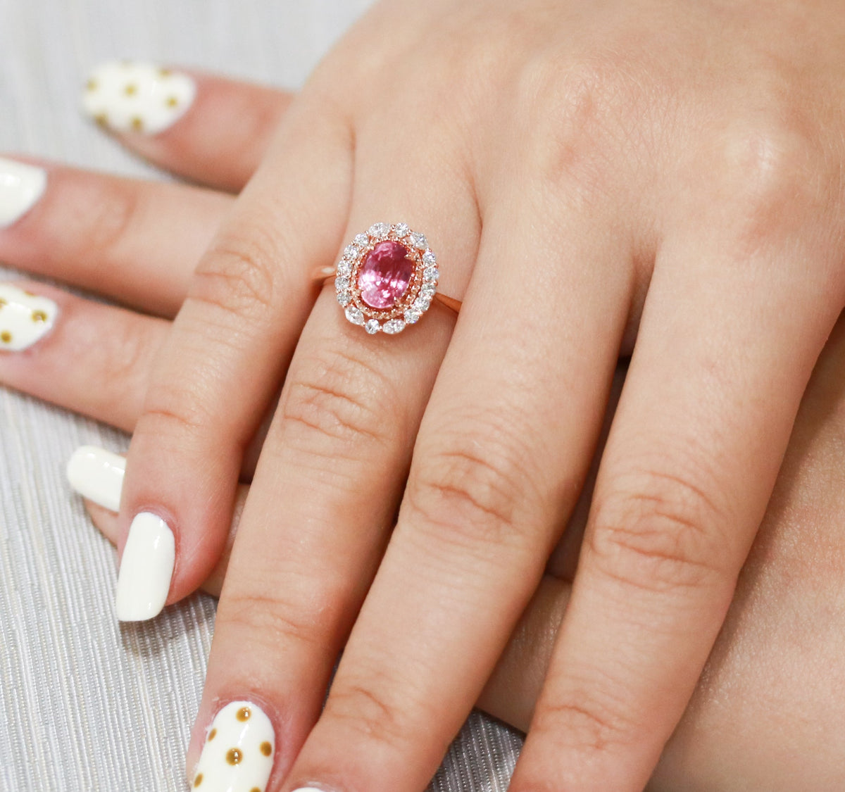 The Blushing Halo Unheated Padparadscha Ring - Benny's Gems Creations