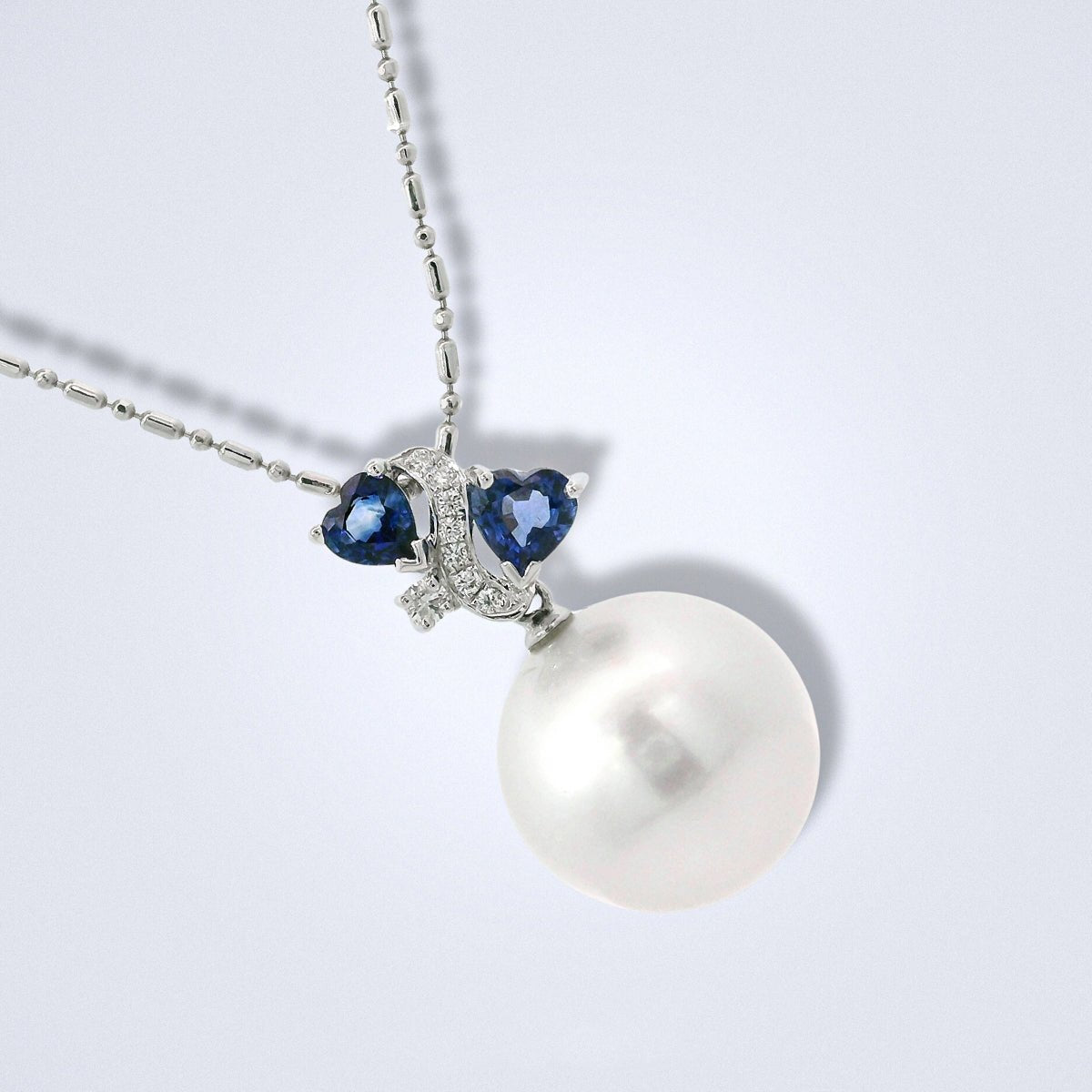 White South Sea Pearl Blue Sapphire Diamond Pendant - Benny's Gems Creations