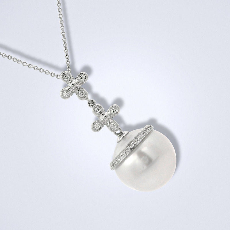 White South Sea Pearl Diamond Floral Drop Pendant - Benny's Gems Creations