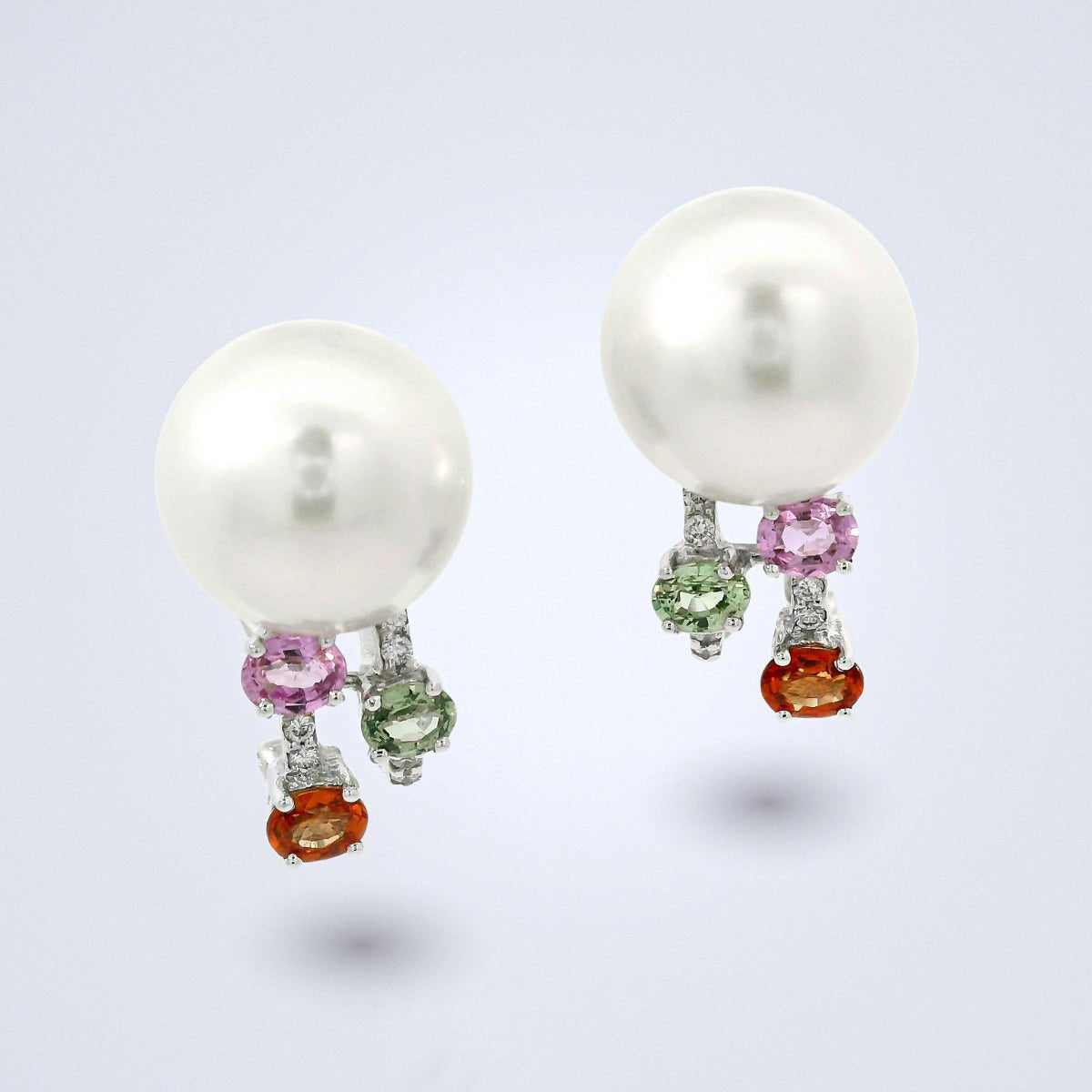 White South Sea Pearl Sapphire Diamond Earrings - Benny's Gems Creations