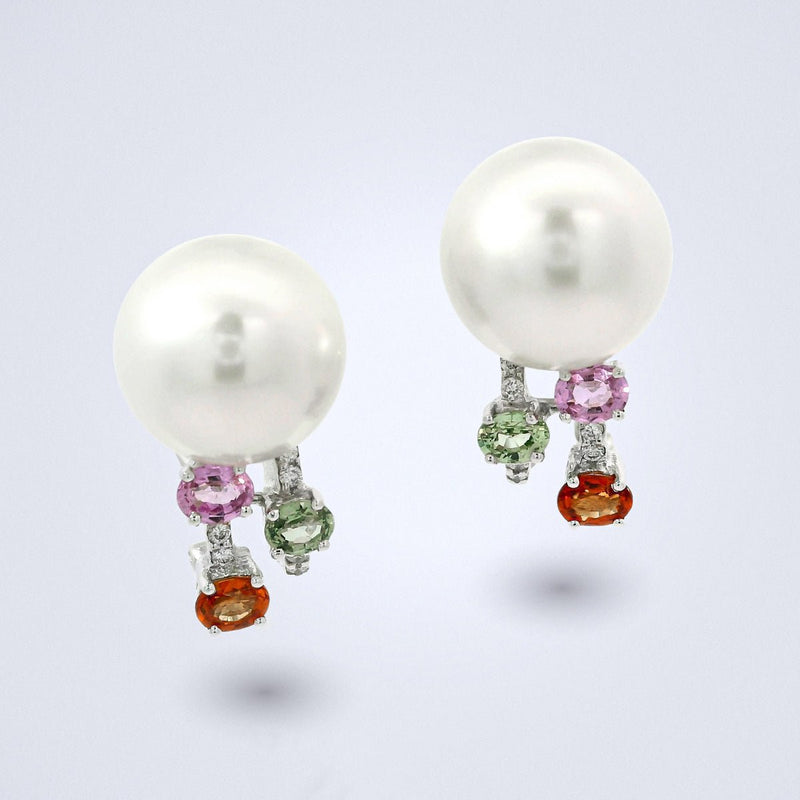 White South Sea Pearl Sapphire Diamond Earrings - Benny's Gems Creations