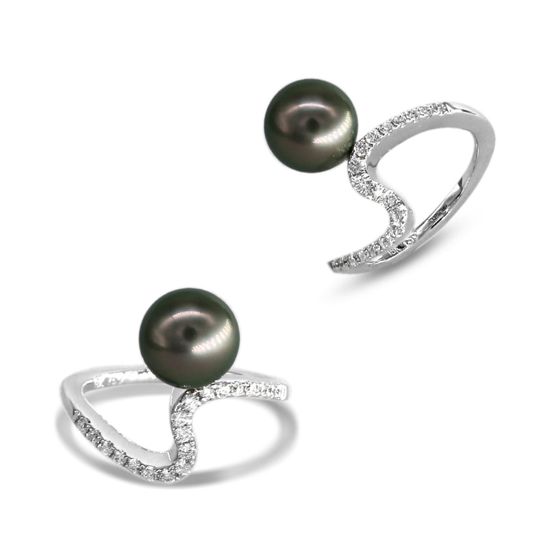 Modern Wave White Gold Diamond Ring with Black South Sea Pearl